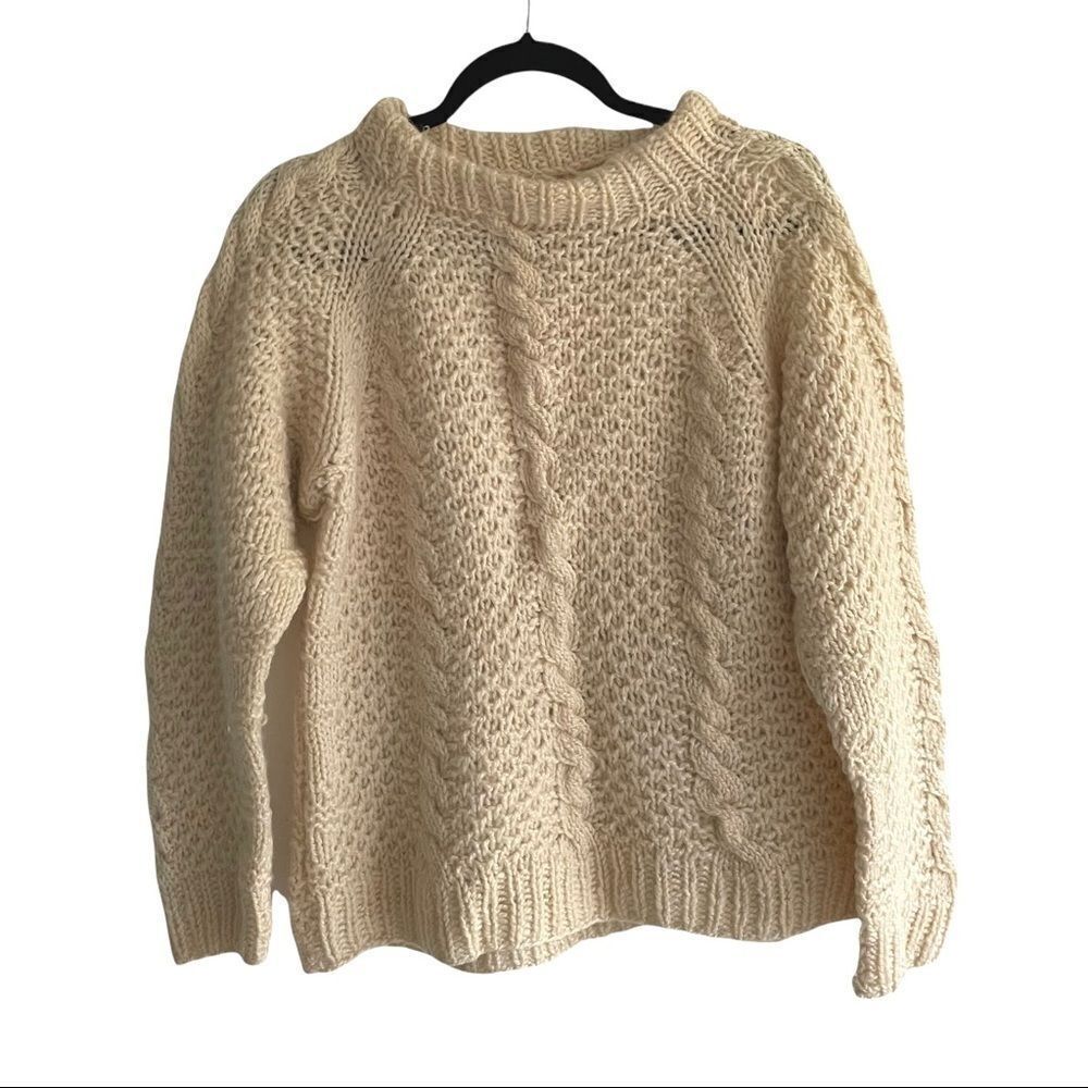 HAND KNIT Chunky Knit Wool Crew Neck Sweater Cream L